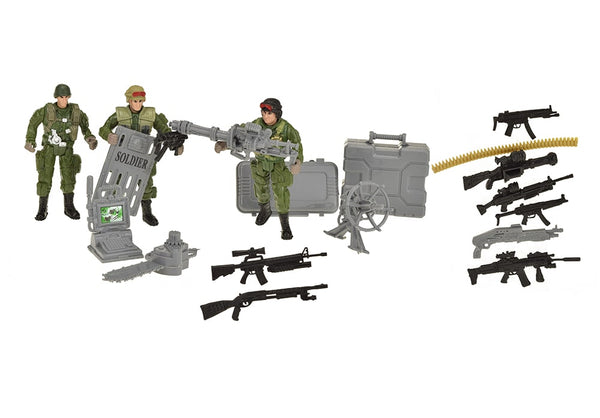 Overzicht van de leger soldaten met wapens, schilden en elektronica van toi-toys army