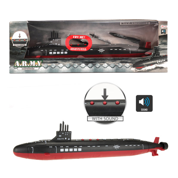 Verpakking, model en zoomshot met 3 geluidsknopjes van de Toi-Toys aanvalsonderzeeboot SSN-774 USS Virginia