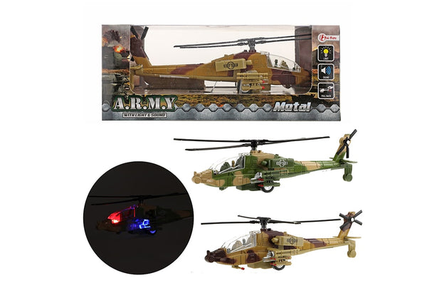 Verpakking, lichtdetails in donker en modellen van toi-toys militaire helikopters met licht en geluid in groen en bruine kleur