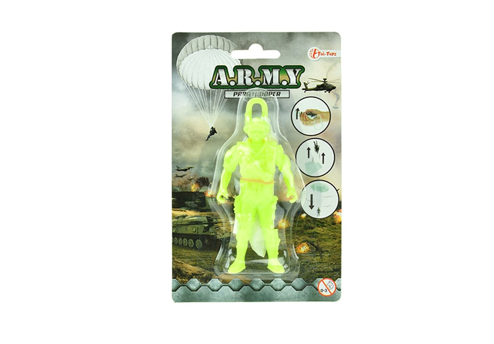 Toi-Toys Army Paratrooper in geel met werkende uitklapbare bolvormige parachute 