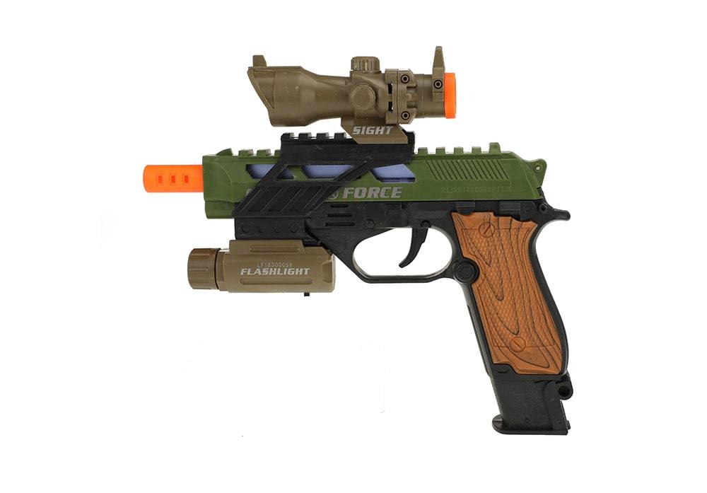 Zijaanzicht Toi-Toys Army pistool model met verwisselbare tactische accessoires zoals zaklamp, vizier en demper 