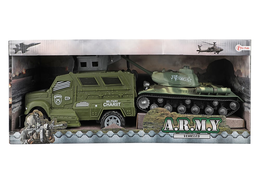 Voorkant van de doos Toi-Toys Army Vehicles duo-set met militaire groene pantserwagen en tank