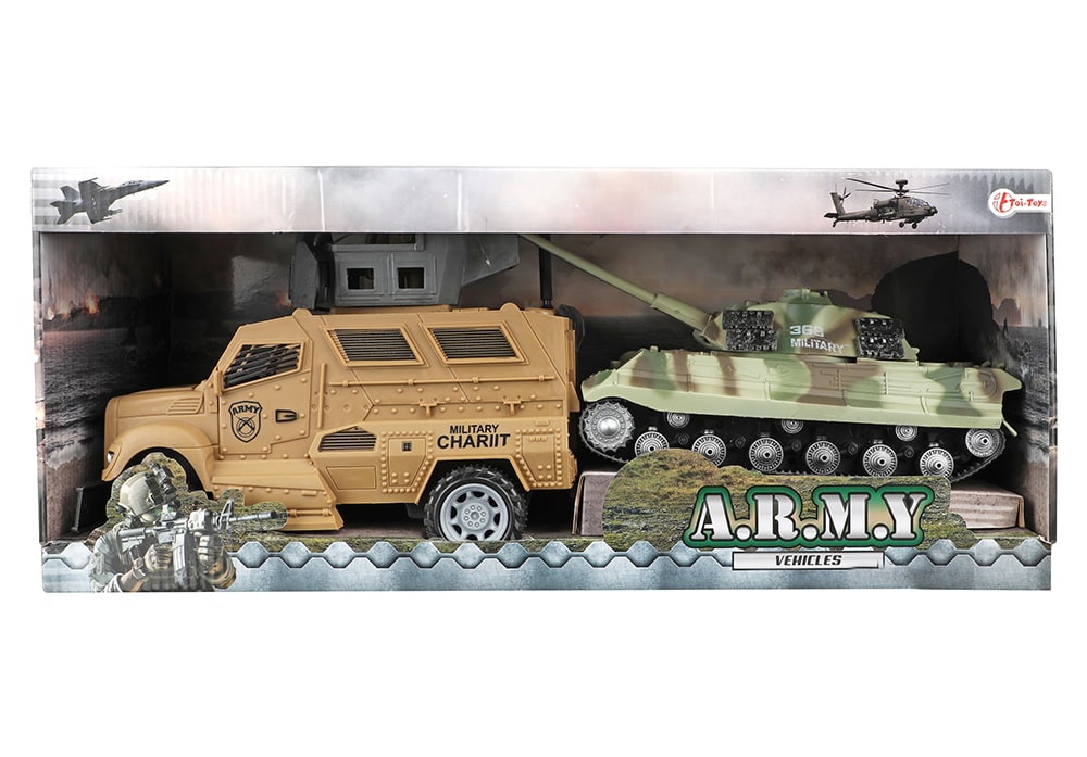 Voorkant van de doos Toi-Toys Army Vehicles duo-set met militaire beige zandkleurige pantserwagen en tank