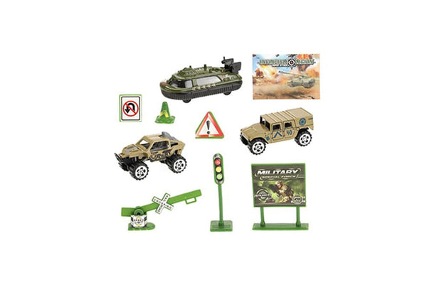 Toi-Toys Army militaire speelset voor kinderen land-water versie met hoovercraft, voertuigen en verkeersborden