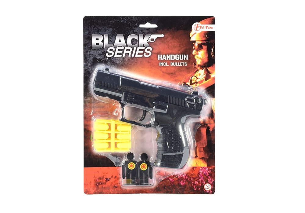 Verpakking Toi-Toys black series politie pistool met 12 kogels en 2 oefendoelen