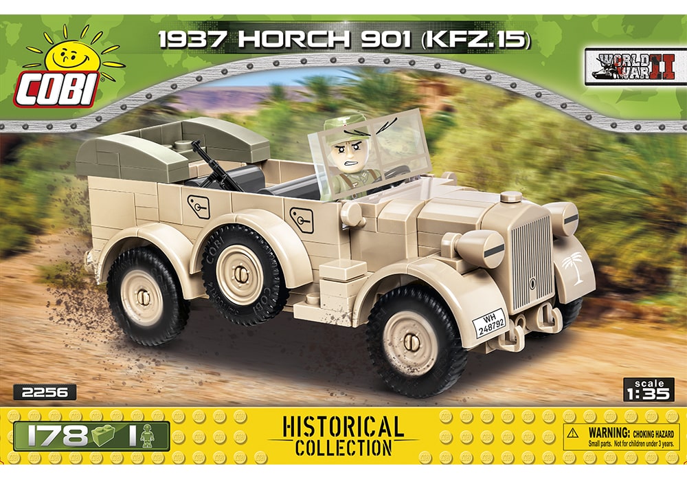 Voorkant van de Cobi 2256 bouwset World War II Historical Collection Afrika Korps 1937 Horch 901 KFZ.15 wagen