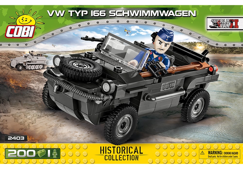 Voorkant van de Cobi 2403 bouwset World War II Historical Collection Typ 166 Schwimmwagen militair voertuig