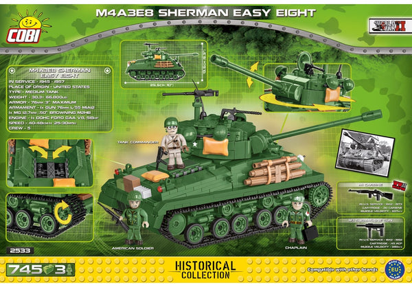 Achterkant van de Cobi 2533 bouwset World War II Historical Collection M4A3E8 Sherman Easy Eight tank