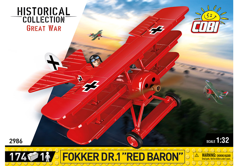 Voorkant van de Cobi 2986 bouwset Fokker DR.1 Red Baron vliegtuig Great War Historical collection legerspeelgoed