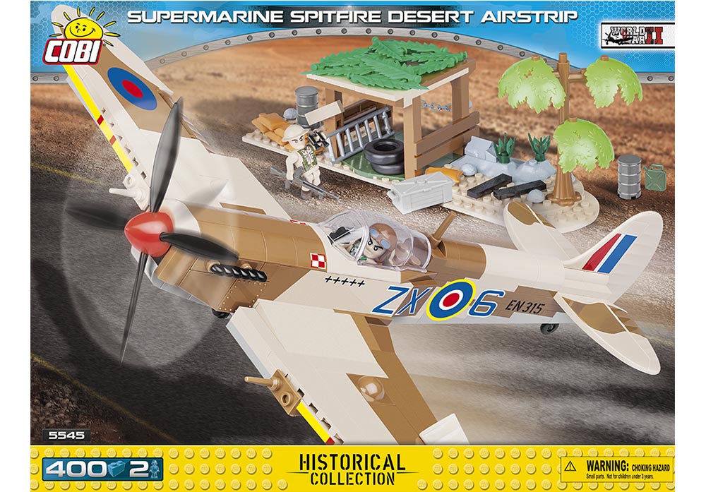 Voorkant van de Cobi 5545 bouwset Supermarine Spitfire desert airstrip vliegtuig
