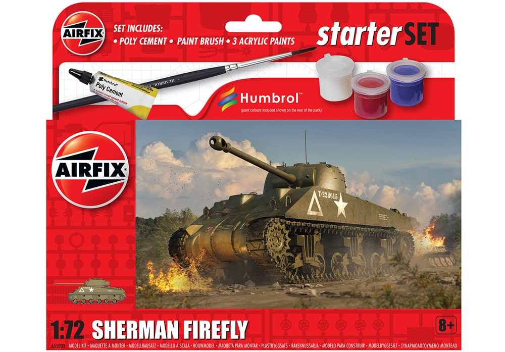Voorkant van de Airfix A55003 Sherman Firefly tank modelbouwset starter set