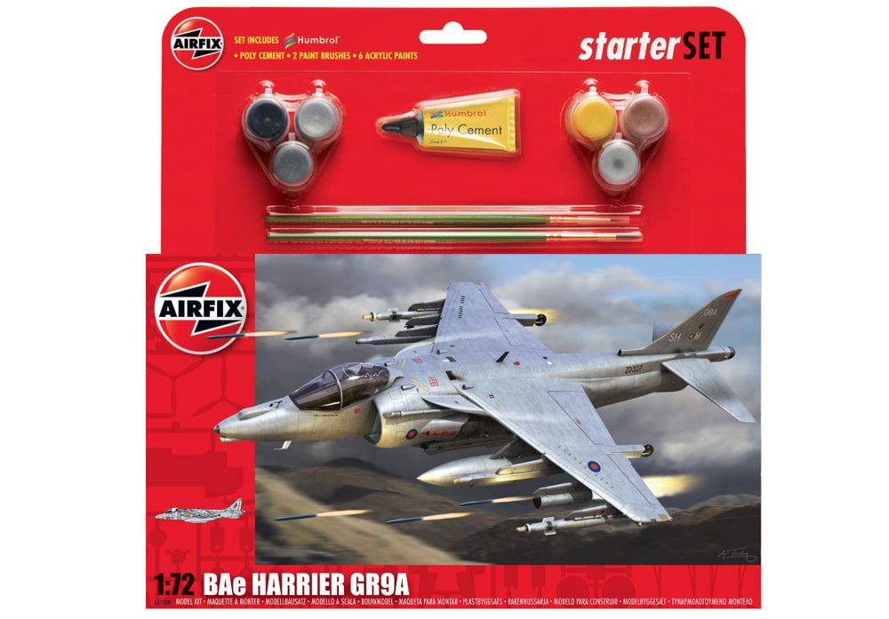 Voorkant van de Airfix A55300 BAe Harrier GR9A straaljager modelbouwset 