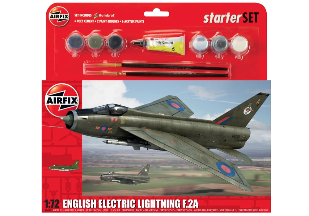 Voorkant van de Airfix A55305 English Elecric Lightning F.2A straaljager starters modelbouwset 