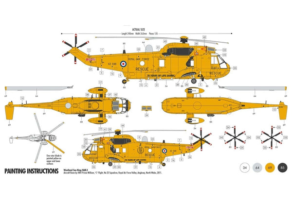 Bouwtekening overzicht met verfinstructies van de Airfix A55307A Westland Sea King Har.3 reddingshelikopter starter modelbouwset 