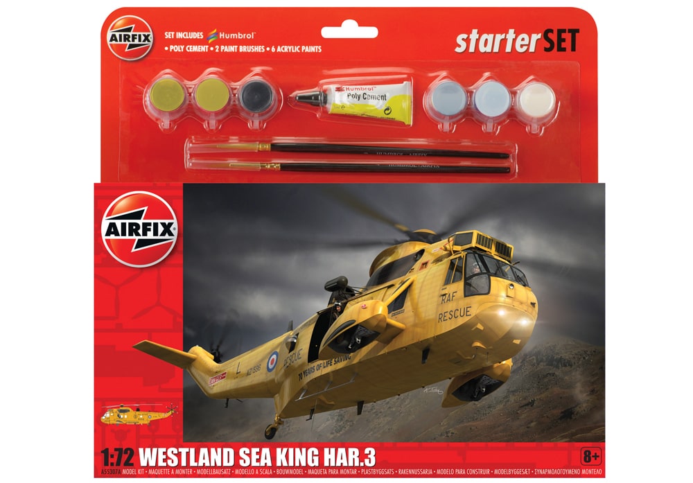 Voorkant van de Airfix A55307A Westland Sea King Har.3 reddingshelikopter starter modelbouwset 