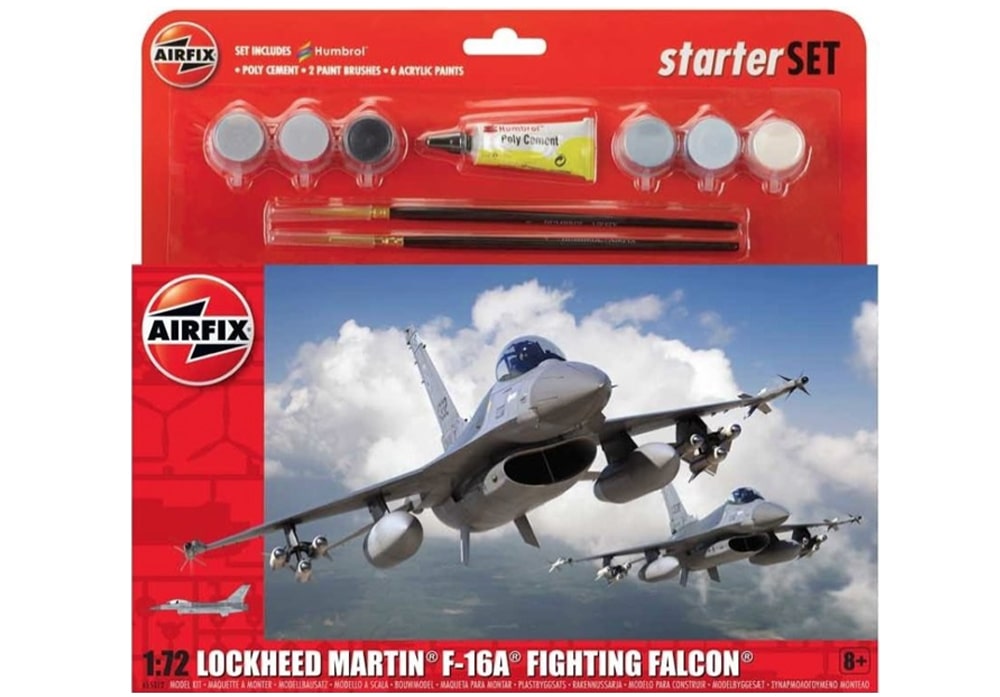 Voorkant van de Airfix Lockheed Martin F-16A Fighting Falcon straaljager starter set modelbouwset