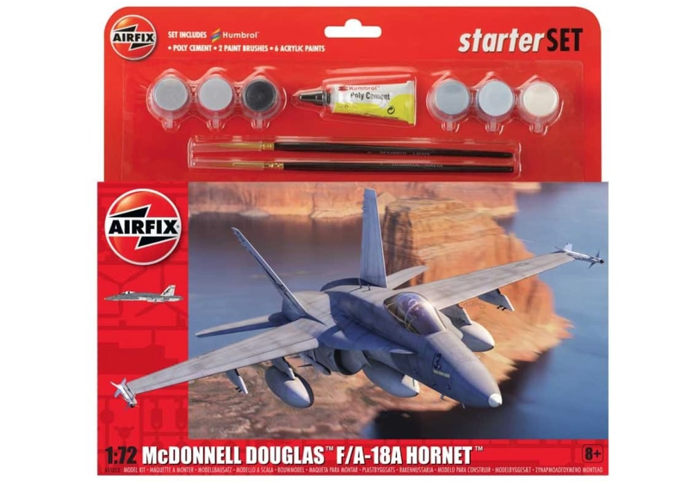 Voorkant van de Airfix A55313 McDonnell Douglas F/A-18A Hornet straaljager modelbouwset 