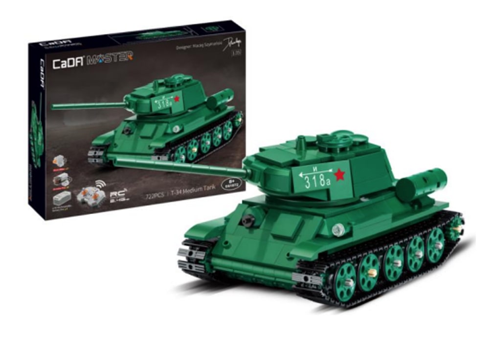 Voorkant 3D box en T-34 tank model van de CaDA C61072W bouwset Medium Tank Military Master Series