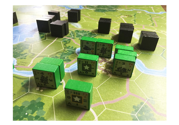 Zoomshot van de blokken op het spelbord van het tactische block wargame bordspel combat infantry westfront 1944-45 van Columbia Games (2017)