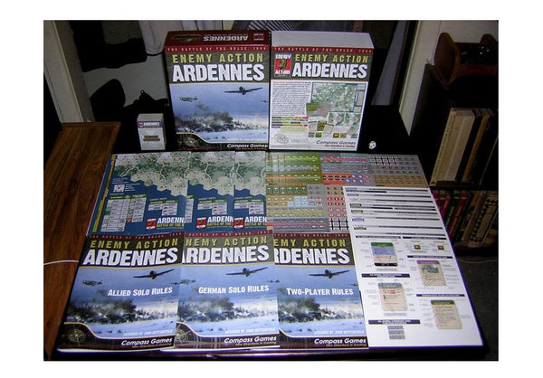 Overzicht van alle spel elementen van het bordspel Enemy Action Ardennes van Compass Games