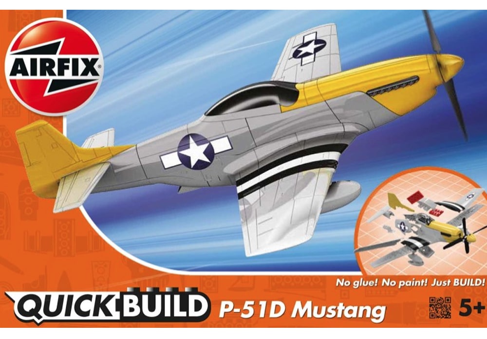 Voorkant van de Airfix J6016 bouwset Quickbuild Collectie P-51D Mustang jachtvliegtuig