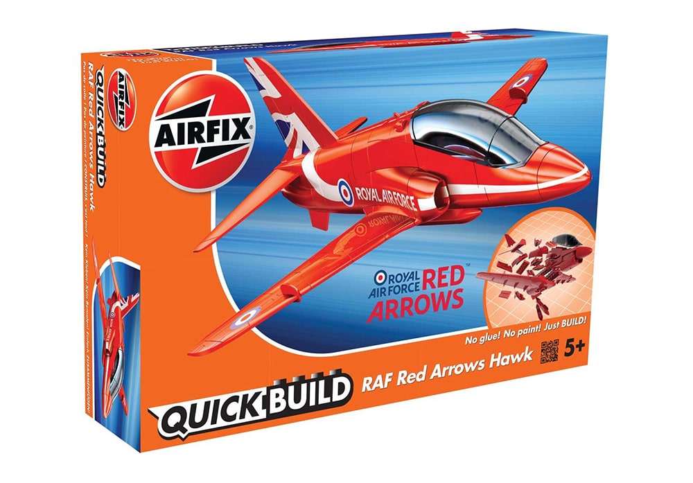 Voorkant van de Airfix J6002 bouwset Quickbuild Collectie RAF Red Arrows Hawk straaljager