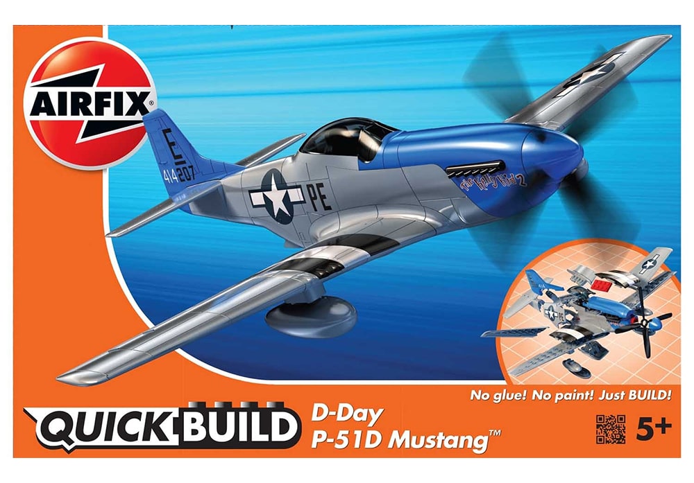 Voorkant van de Airfix J6002 bouwset Quickbuild Collectie P-51D Mustang (D-Day) gevechtsvliegtuig