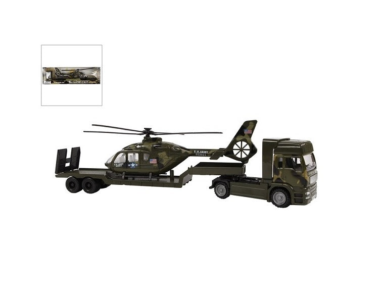 Militaire truck met oplegger en helikopter
