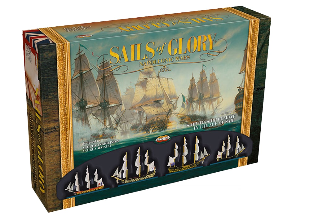 Voorkant van het miniatuur bordspel Sails of Glory: Napoleonic Wars (2020) nautisch bordspel van Ares Games
