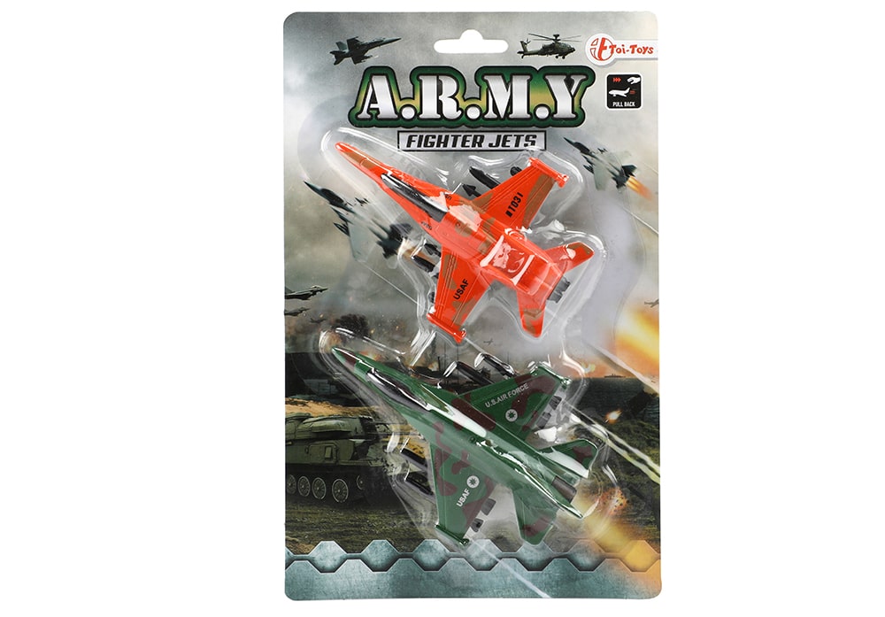 Groene en oranje straaljagers fighterjets twee toestellen in verpakking Toi-Toys Army collectie