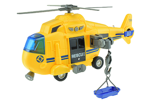 Zijaanzicht van de gele reddingshelikopter met haak in actie van toi-toys