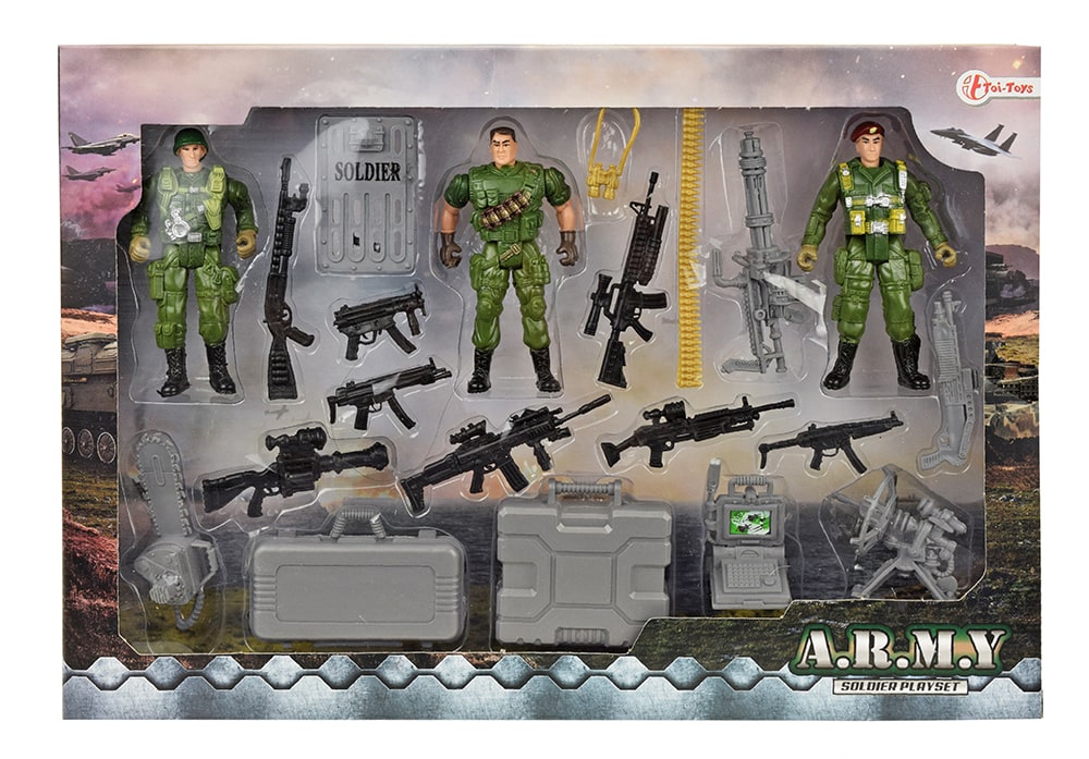 Voorkant van de toi-toys set met 3 militaire speelfiguren, wapens en attributen
