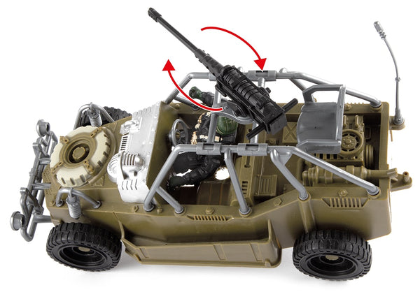 Bovenaanzicht van militaire buggy met 360 graden draaibaar machinegeweer op dak van voertuig