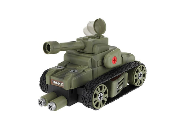 Toi-toys zelfbouw tank zijaanzicht met opengaand luik op geschutskoepel