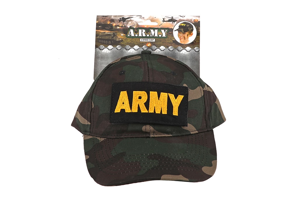 Toi-Toys Army militaire pet voor kinderen vooraanzicht met army patch bevestigd met klittenband