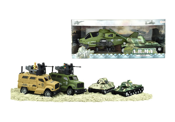 Overzicht van alle militaire voertuigen en helikopter van de Toi-Toys Army Vehicles sets