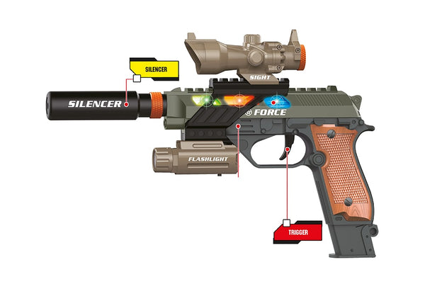 Uitleg infographic Toi-Toys Army pistool met verwisselbare tactische accessoires zoals zaklamp, vizier en demper 