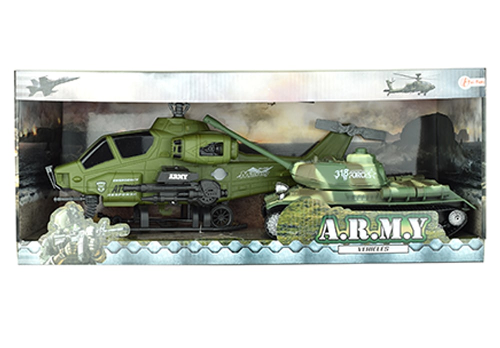 Voorkant van de doos Toi-Toys Army Vehicles duo-set met militaire helikopter en tank