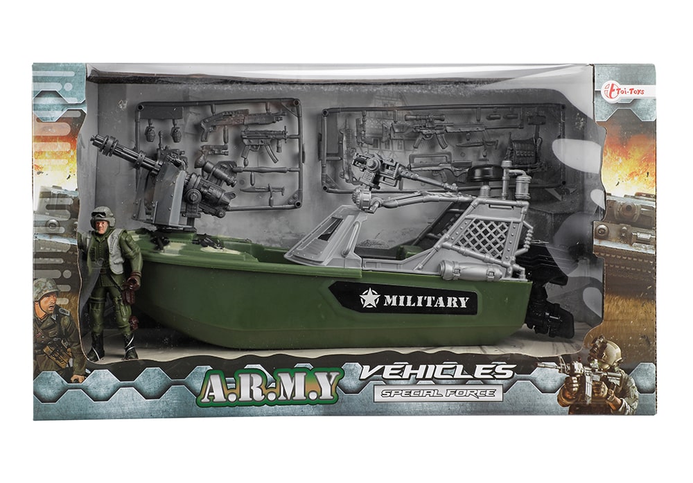 Voorkant van de militaire speelset doos Toi-Toys met vaartuig, soldaat en 2 sets accessoires