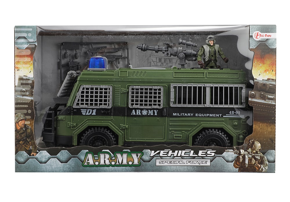 Voorkant van de militaire speelset Toi-Toys legerbus met soldaat en accessoires