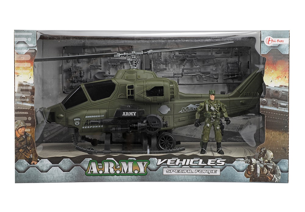 Voorkant van de militaire speelset doos Toi-Toys met militaire helikopter met soldaat en 2 sets accessoires