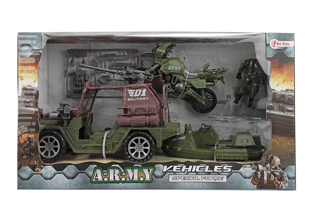 Toi-Toys ARMY: Speelset militaire jeep 22cm, motor en jetski met soldaat en accessoires