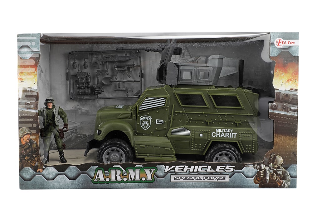 Voorkant van de militaire speelset Toi-toys pantserwagen met extra beveiligde geschutskoepel met soldaat en accessoires