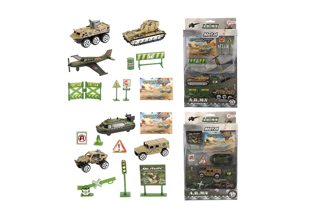 Toi-Toys Army militaire speelsets met voertuigen voor land, lucht en water plus verkeersborden en accessoires