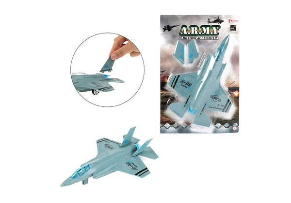 Overzicht van de Toi-Toys Army militaire straaljager in verpakking, model en zoomshot van de zelf monteerbare vleugels