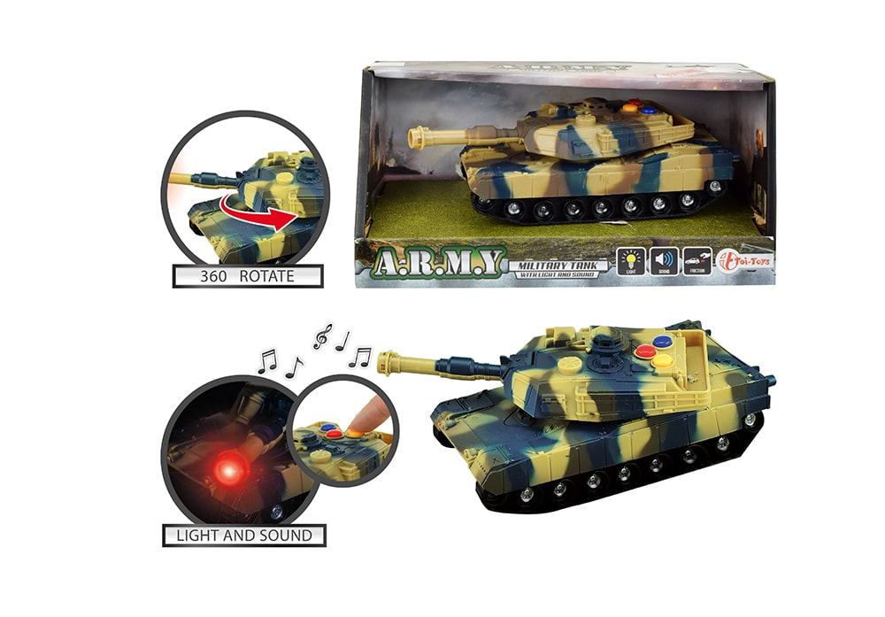 Verpakking, zoomshot en model van Toi-Toys Army militaire tank met licht en geluid