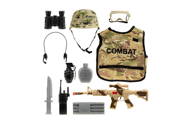 Toi-Toys Army militaire verkleedset met afbeeldingen van alle 11 accessoires: verrekijker, helm, bril, headset, vest, veldfles, granaat, mes, walkie-talkie, geweermet geluid en explosief