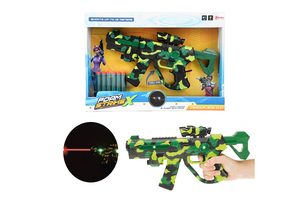 Verpakking van het Toi-Toys Foam StrikeX speelgoedgeweer met 6 foamkogels en lichteffecten in het donker